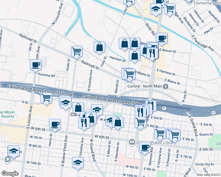 map of restaurants, bars, coffee shops, grocery stores, and more near 125 School Street in Corona