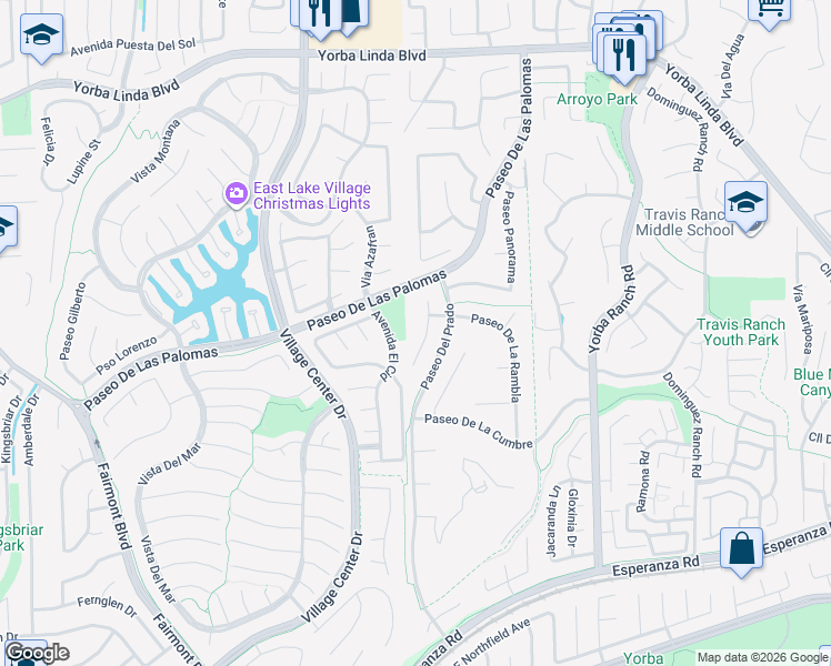 map of restaurants, bars, coffee shops, grocery stores, and more near 5505 Calle Vista Linda in Yorba Linda