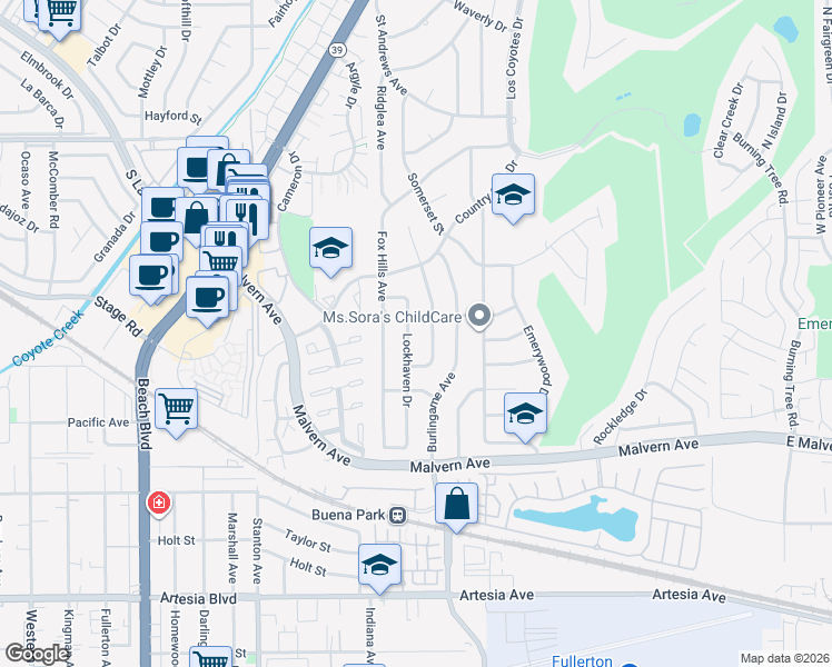 map of restaurants, bars, coffee shops, grocery stores, and more near 5421 Lockhaven Drive in Buena Park