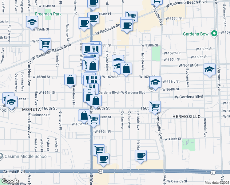 map of restaurants, bars, coffee shops, grocery stores, and more near West Gardena Boulevard & La Salle Avenue in Gardena