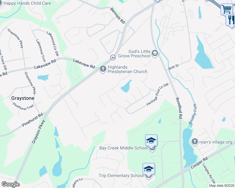 map of restaurants, bars, coffee shops, grocery stores, and more near 2592 Heritage Lake Cove Lane in Grayson