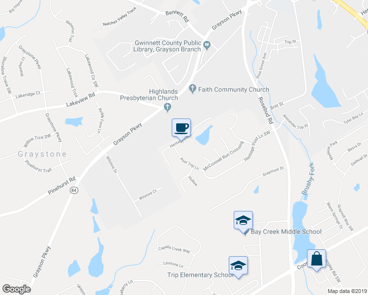 map of restaurants, bars, coffee shops, grocery stores, and more near 2583 Heritage Lake Cove Lane in Grayson