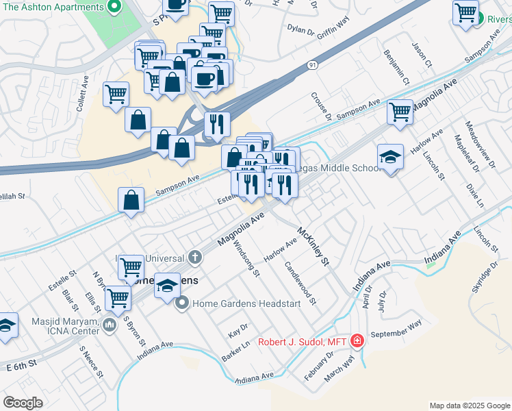 map of restaurants, bars, coffee shops, grocery stores, and more near in Home Gardens