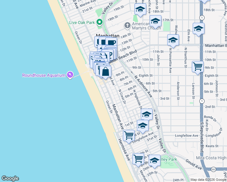 map of restaurants, bars, coffee shops, grocery stores, and more near 221 7th Place in Manhattan Beach