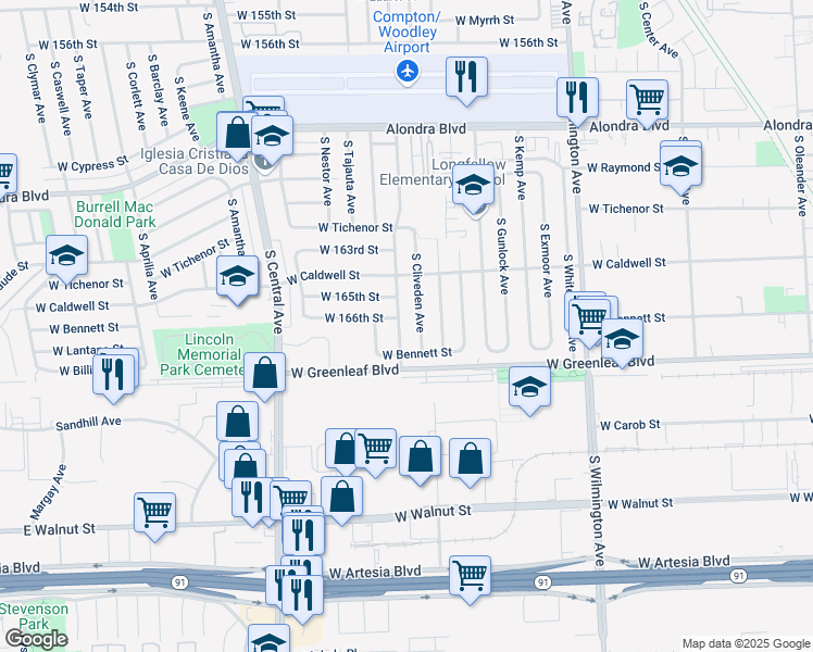 map of restaurants, bars, coffee shops, grocery stores, and more near 1412 South Northwood Avenue in Compton