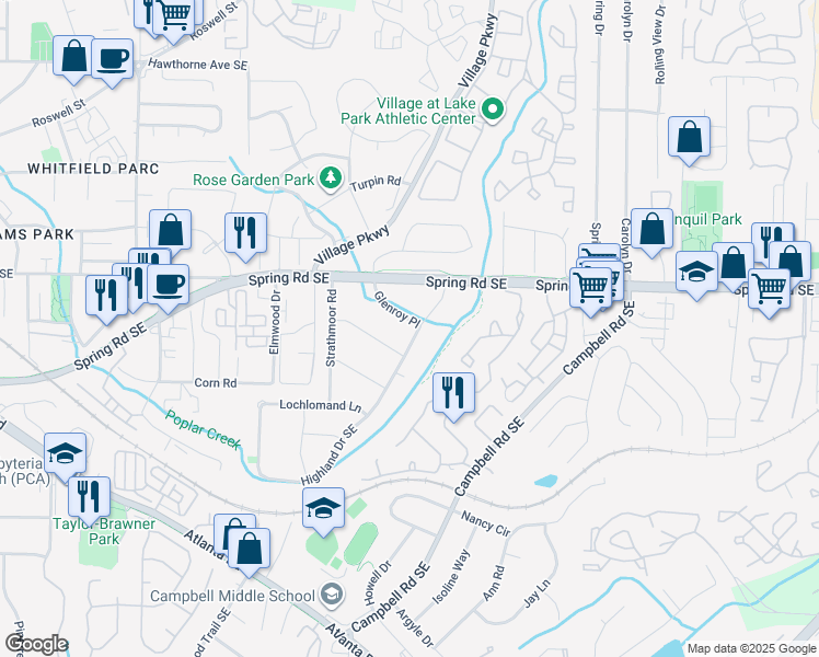 map of restaurants, bars, coffee shops, grocery stores, and more near 2918 Highland Drive Southeast in Smyrna