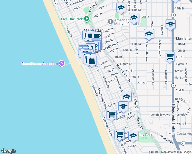 map of restaurants, bars, coffee shops, grocery stores, and more near 221 7th Place in Manhattan Beach