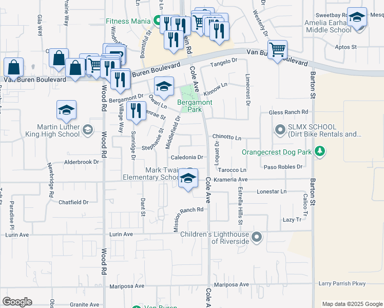 map of restaurants, bars, coffee shops, grocery stores, and more near 19382 Caledonia Drive in Riverside