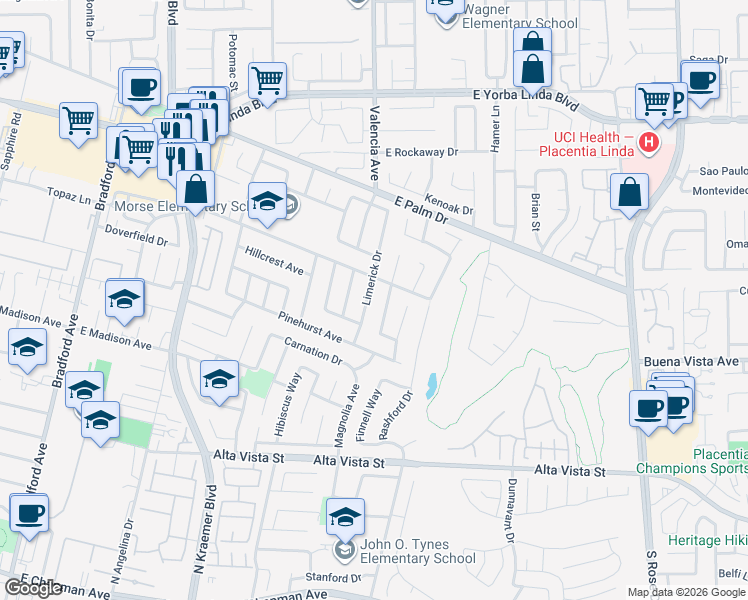map of restaurants, bars, coffee shops, grocery stores, and more near 1214 Limerick Drive in Placentia