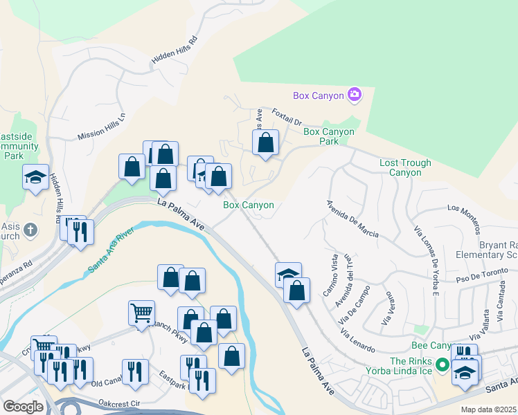 map of restaurants, bars, coffee shops, grocery stores, and more near 5440 Copper Canyon Road in Yorba Linda