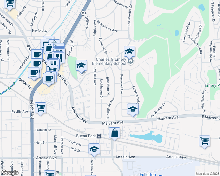 map of restaurants, bars, coffee shops, grocery stores, and more near 5432 Brae Burn Place in Buena Park