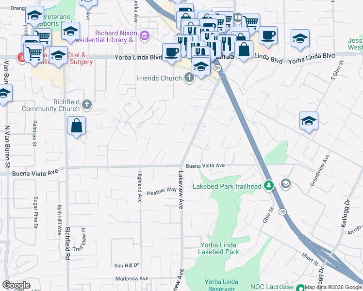 map of restaurants, bars, coffee shops, grocery stores, and more near 18102 Hutchings Drive in Yorba Linda