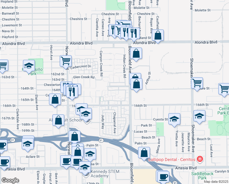 map of restaurants, bars, coffee shops, grocery stores, and more near 12454 Fallcreek Lane in Cerritos