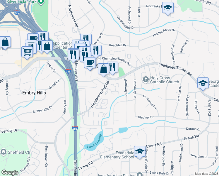 map of restaurants, bars, coffee shops, grocery stores, and more near 3301 Henderson Mill Road in Atlanta