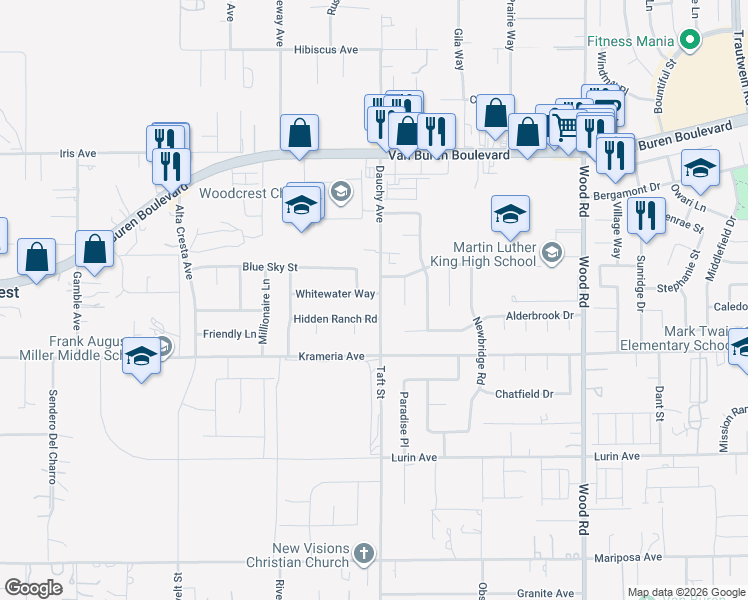 map of restaurants, bars, coffee shops, grocery stores, and more near 9293 Dauchy Avenue in Riverside