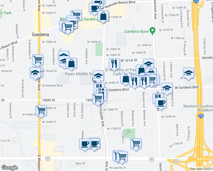 map of restaurants, bars, coffee shops, grocery stores, and more near 1338 West 164th Street in Gardena
