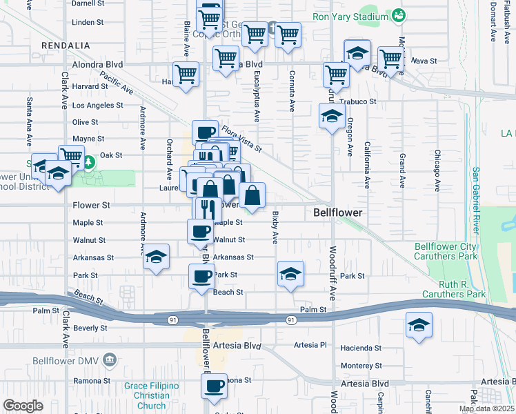map of restaurants, bars, coffee shops, grocery stores, and more near 9920 Flower Street in Bellflower