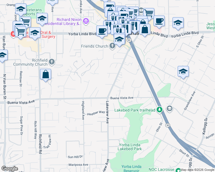 map of restaurants, bars, coffee shops, grocery stores, and more near 18102 Hutchings Drive in Yorba Linda