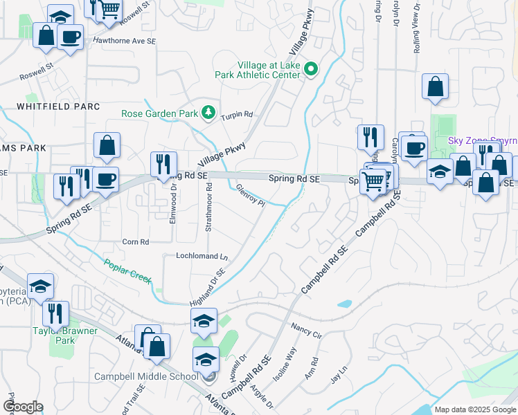 map of restaurants, bars, coffee shops, grocery stores, and more near 2918 Highland Drive Southeast in Smyrna