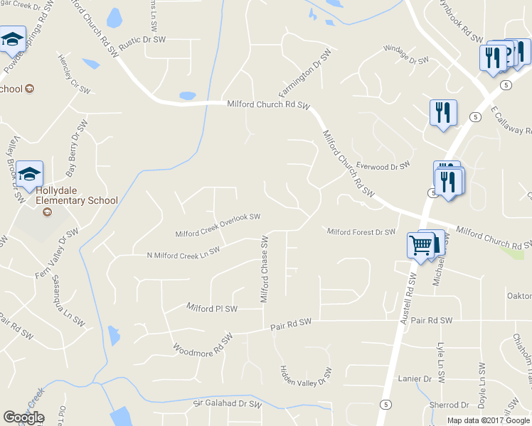 map of restaurants, bars, coffee shops, grocery stores, and more near 1611 Milford Creek Overlook Southwest in Marietta