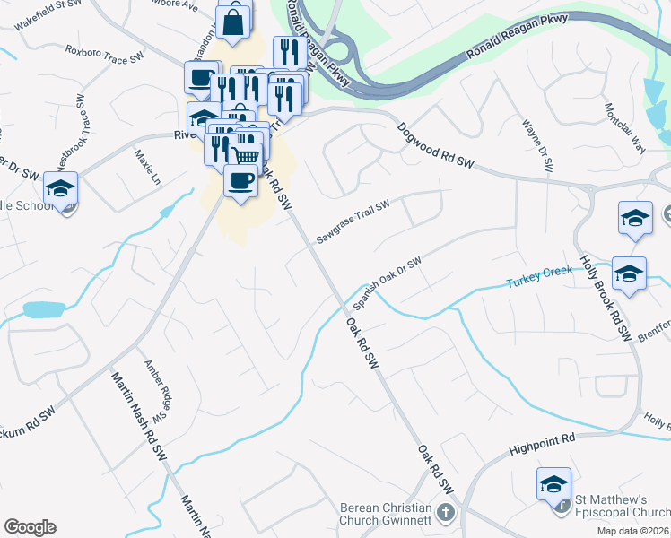 map of restaurants, bars, coffee shops, grocery stores, and more near 1096 Oak Road Southwest in Lilburn