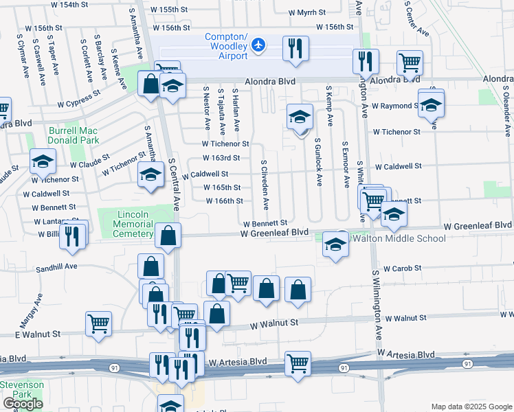map of restaurants, bars, coffee shops, grocery stores, and more near 1412 South Northwood Avenue in Compton