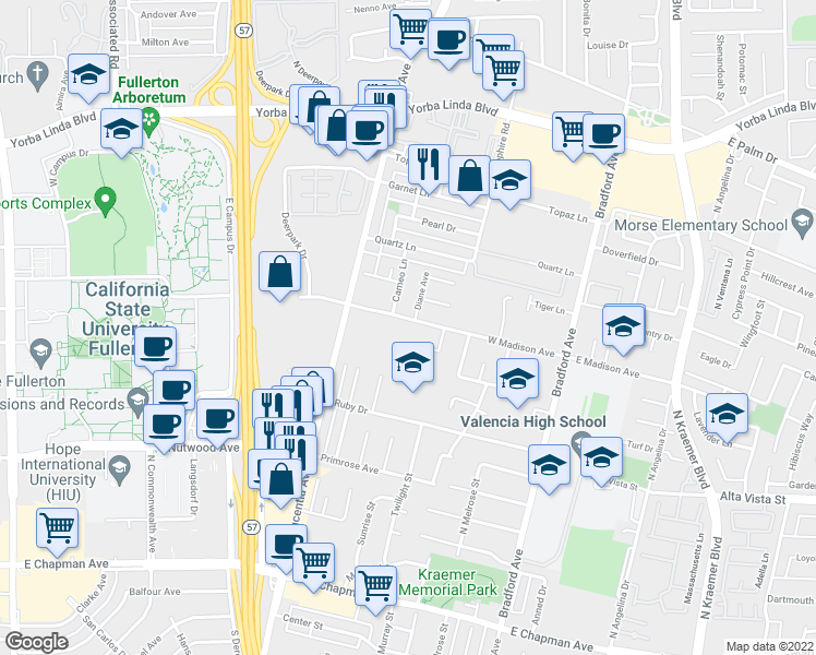 map of restaurants, bars, coffee shops, grocery stores, and more near 546 West Madison Avenue in Placentia