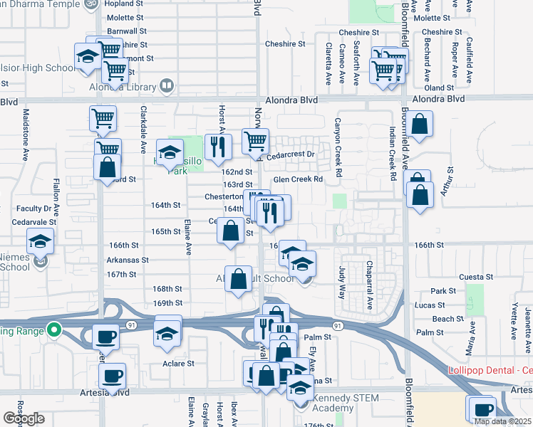 map of restaurants, bars, coffee shops, grocery stores, and more near 16407 Bubbling View Cir in Cerritos