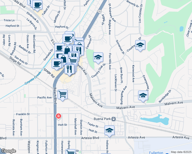 map of restaurants, bars, coffee shops, grocery stores, and more near 5409 Arrowhead Avenue in Buena Park