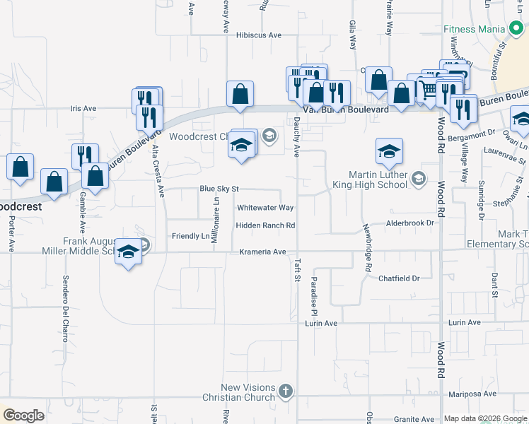 map of restaurants, bars, coffee shops, grocery stores, and more near 18389 Whitewater Way in Riverside