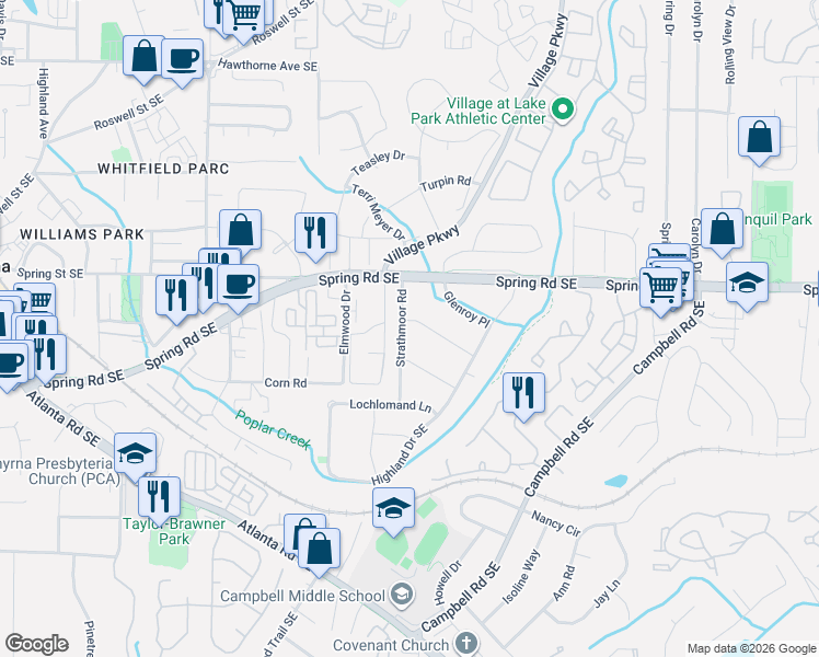 map of restaurants, bars, coffee shops, grocery stores, and more near 2916 Strathmoor Road in Smyrna