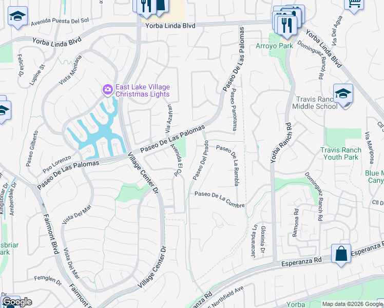 map of restaurants, bars, coffee shops, grocery stores, and more near 5505 Calle Vista Linda in Yorba Linda