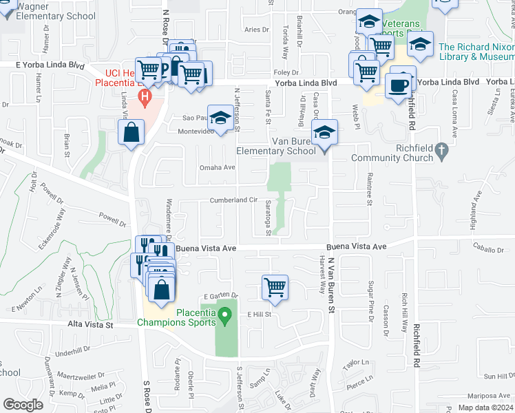 map of restaurants, bars, coffee shops, grocery stores, and more near 5352 Redwood Street in Yorba Linda