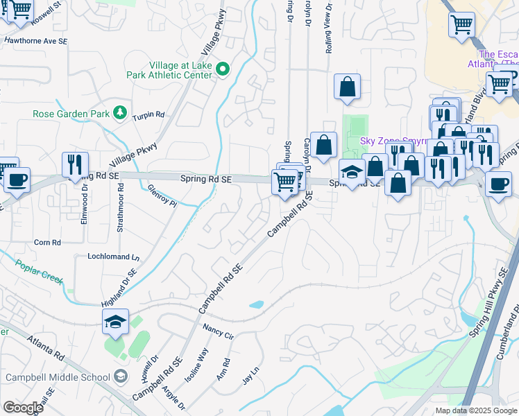 map of restaurants, bars, coffee shops, grocery stores, and more near 906 Country Park Drive in Smyrna