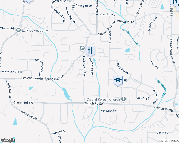 map of restaurants, bars, coffee shops, grocery stores, and more near 111 Jennifer Lane Southwest in Marietta