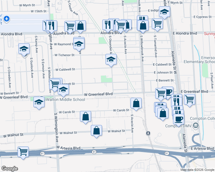 map of restaurants, bars, coffee shops, grocery stores, and more near 416 West Bennett Street in Compton