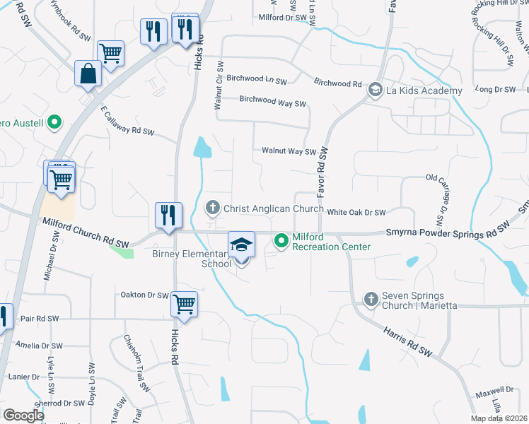 map of restaurants, bars, coffee shops, grocery stores, and more near 2971 Montview Drive Southwest in Marietta