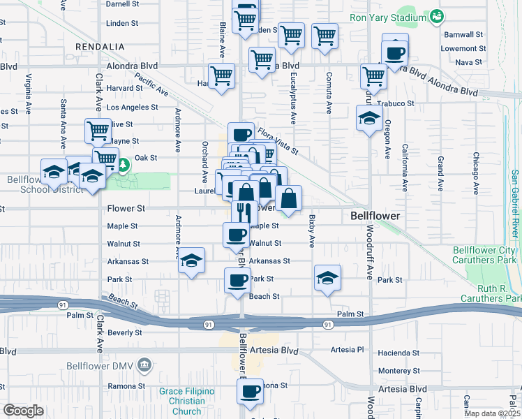 map of restaurants, bars, coffee shops, grocery stores, and more near 9832 Flower Street in Bellflower