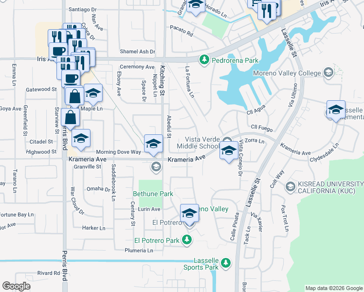 map of restaurants, bars, coffee shops, grocery stores, and more near 16446 Ancladero Court in Moreno Valley