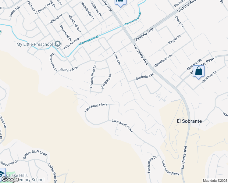 map of restaurants, bars, coffee shops, grocery stores, and more near 11363 Warmington Street in Riverside