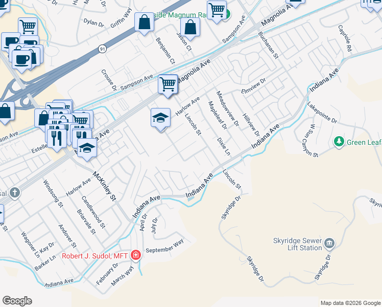 map of restaurants, bars, coffee shops, grocery stores, and more near 12763 Camino San Benito Drive in Riverside