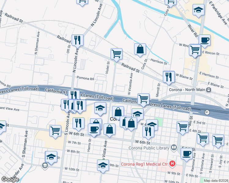 map of restaurants, bars, coffee shops, grocery stores, and more near 865 Bollero Place in Corona