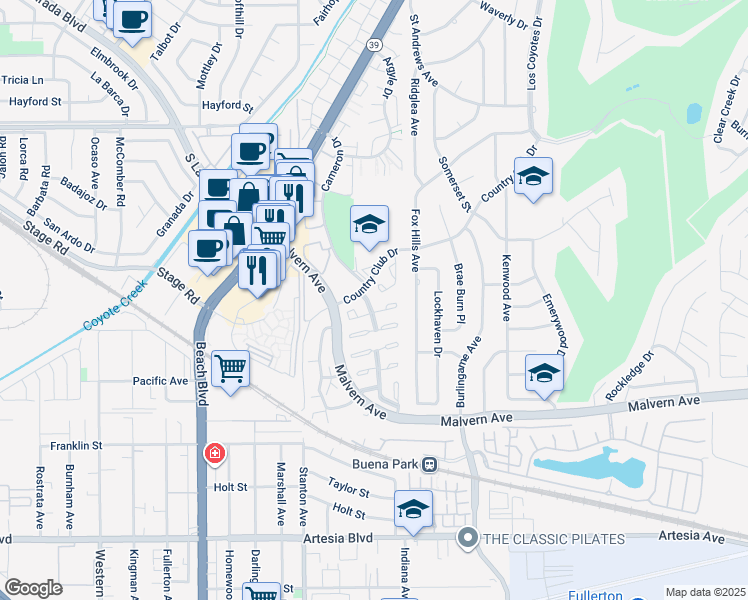 map of restaurants, bars, coffee shops, grocery stores, and more near 5409 Arrowhead Avenue in Buena Park