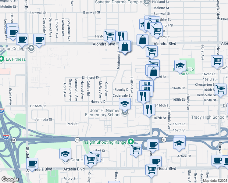 map of restaurants, bars, coffee shops, grocery stores, and more near 11602 Faculty Drive in Norwalk
