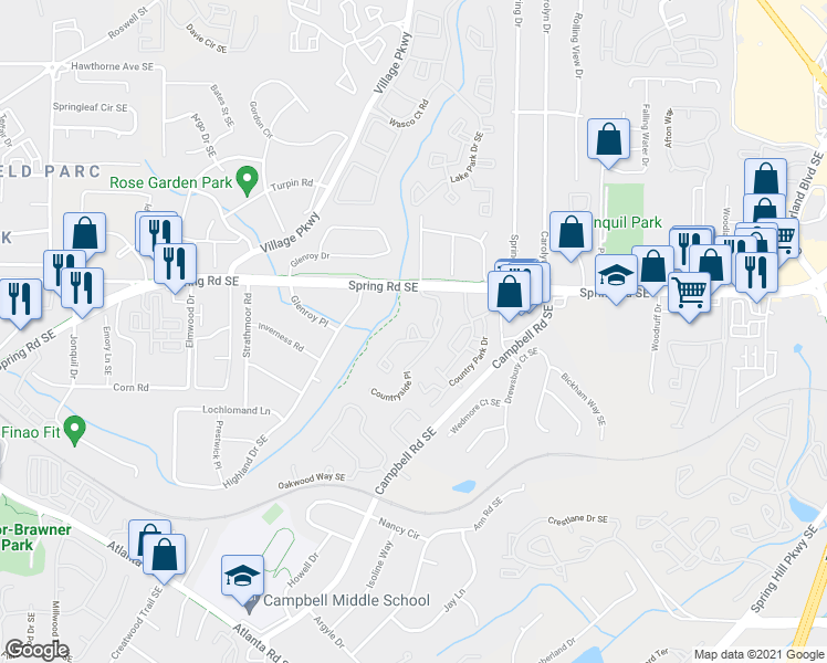 map of restaurants, bars, coffee shops, grocery stores, and more near 401 Countryside Place in Smyrna