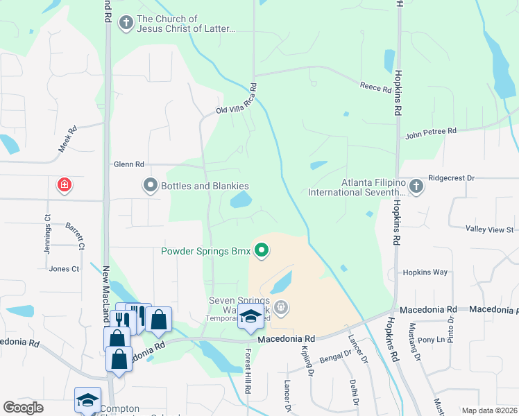 map of restaurants, bars, coffee shops, grocery stores, and more near 4012 Villa Lake Road in Powder Springs