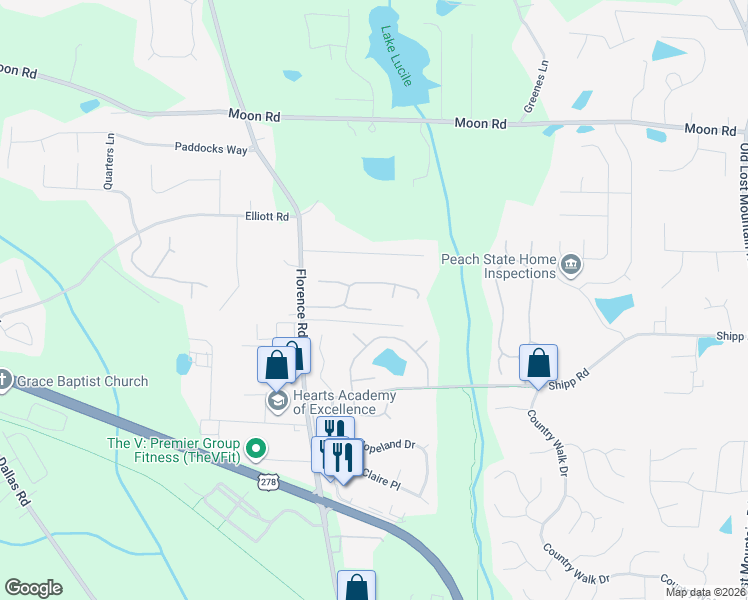 map of restaurants, bars, coffee shops, grocery stores, and more near 2996 Chesilhurst Court in Powder Springs