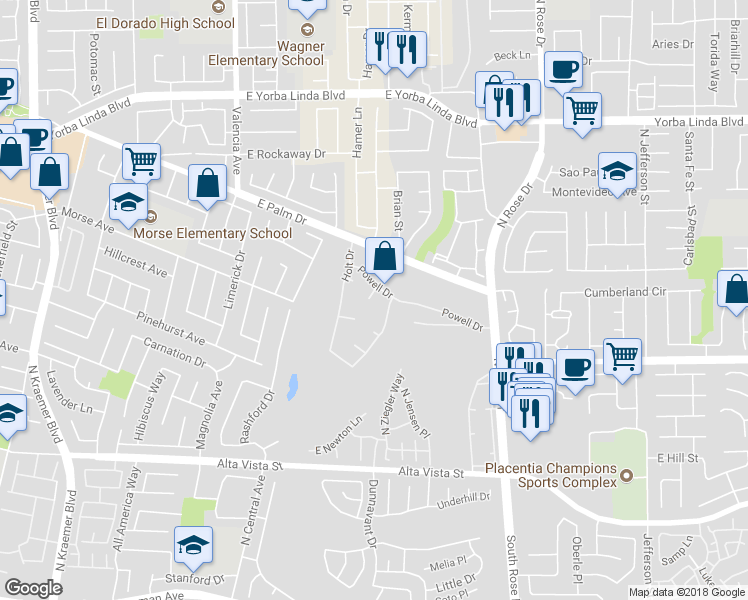 map of restaurants, bars, coffee shops, grocery stores, and more near 1276 Dunham Lane in Placentia
