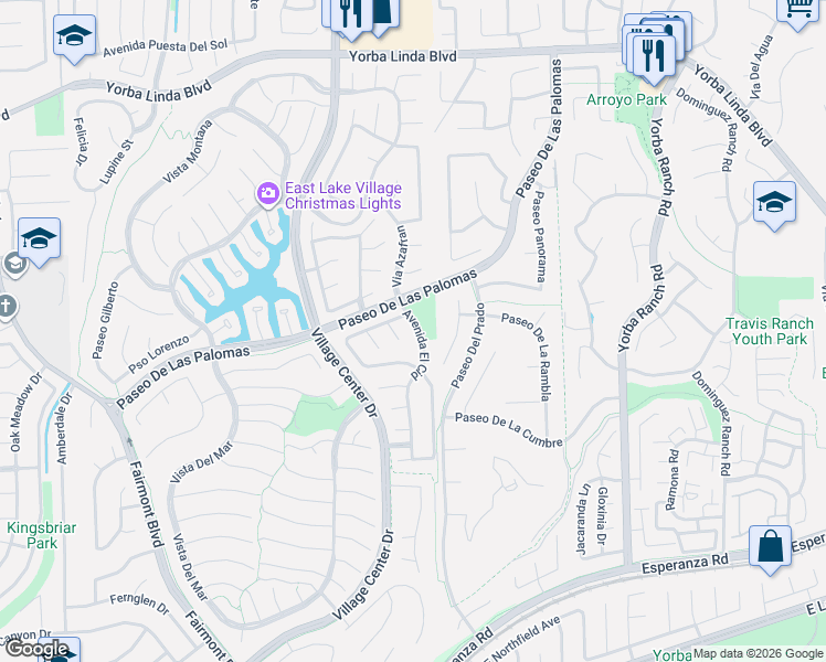 map of restaurants, bars, coffee shops, grocery stores, and more near 5325 Avenida El Cid in Yorba Linda