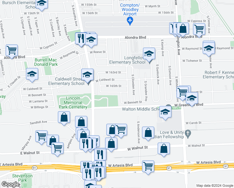 map of restaurants, bars, coffee shops, grocery stores, and more near 1510 West 166th Street in Compton